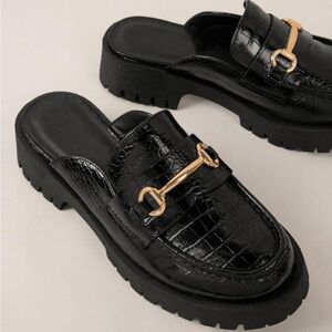 Black Croc-Embossed Mules with Gold Detail